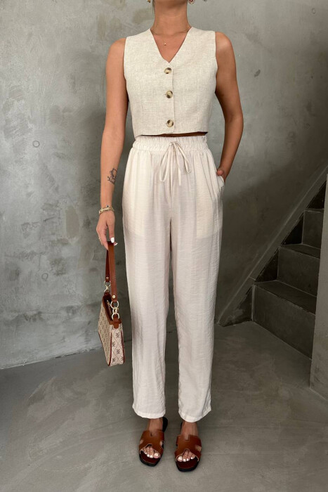 ONE COLOR ELASTIC WAIST WOMAN TROUSERS CREAM/KREM - KLAUDIO FASHION