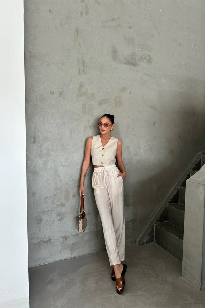 ONE COLOR ELASTIC WAIST WOMAN TROUSERS CREAM/KREM - 2