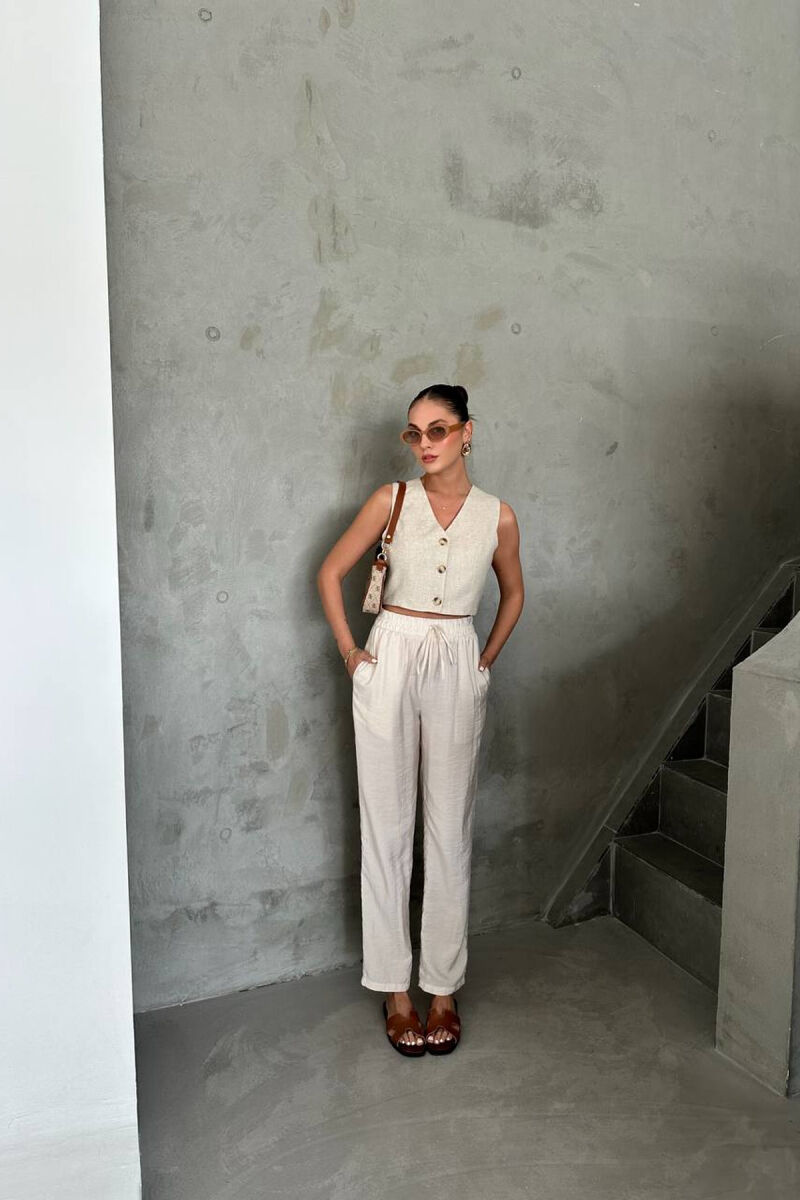 ONE COLOR ELASTIC WAIST WOMAN TROUSERS CREAM/KREM - 3