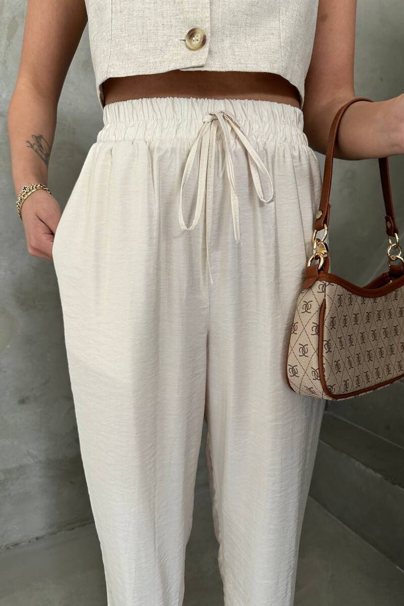 ONE COLOR ELASTIC WAIST WOMAN TROUSERS CREAM/KREM - 4