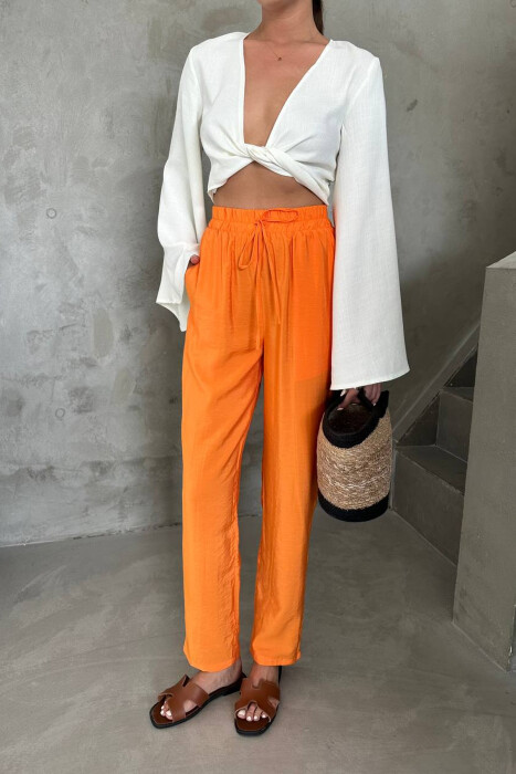 ONE COLOR ELASTIC WAIST WOMAN TROUSERS ORANGE/PORTOKALLI - KLAUDIO FASHION