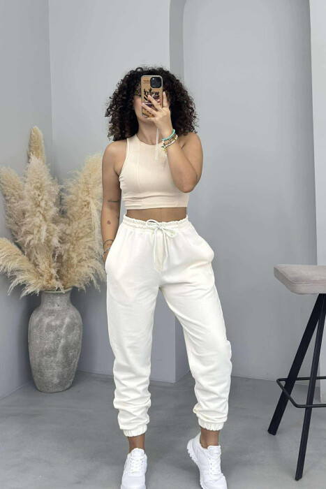 ONE COLOR ELASTIC WAIST WOMEN JOGGERS CREAM/KREM 