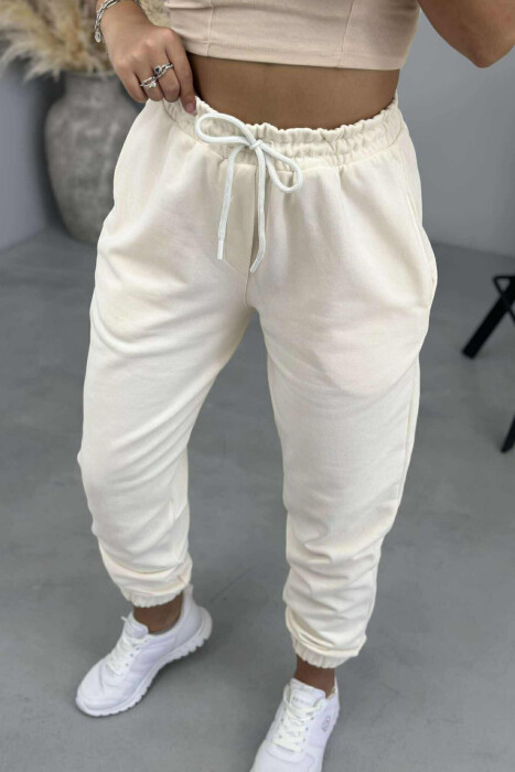 ONE COLOR ELASTIC WAIST WOMEN JOGGERS CREAM/KREM - 2
