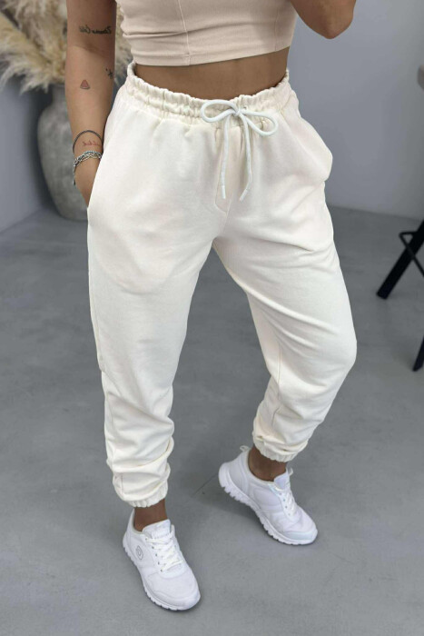 ONE COLOR ELASTIC WAIST WOMEN JOGGERS CREAM/KREM - 4