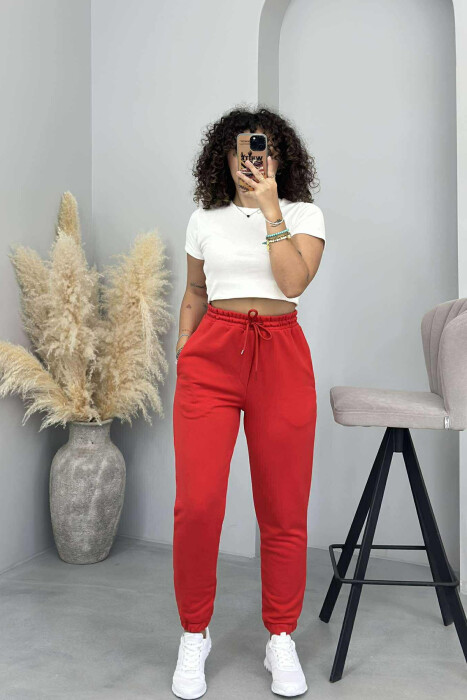 ONE COLOR ELASTIC WAIST WOMEN JOGGERS RED/E KUQE 
