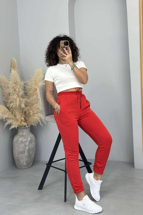 ONE COLOR ELASTIC WAIST WOMEN JOGGERS RED/E KUQE - 4