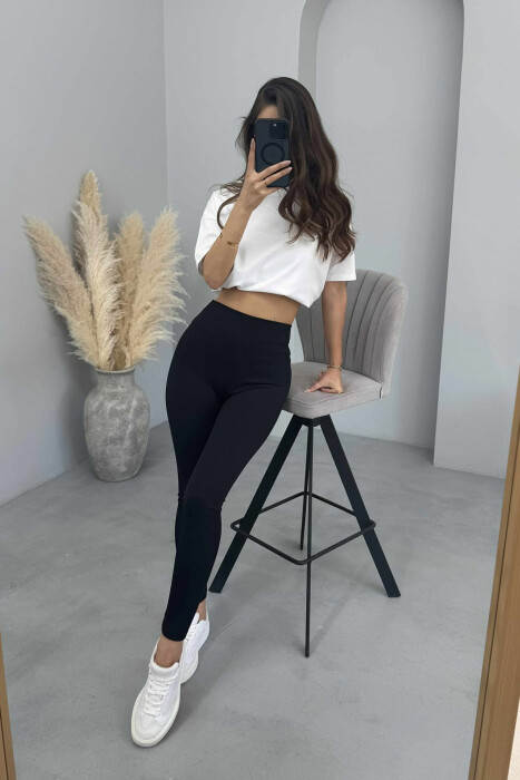 ONE COLOR ELASTIC WAIST WOMEN LEGGINGS BLACK/ E ZEZE - 5