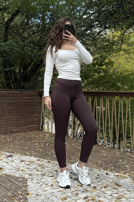 ONE COLOR ELASTIC WAIST WOMEN LEGGINGS BROWN/KAFE - 2