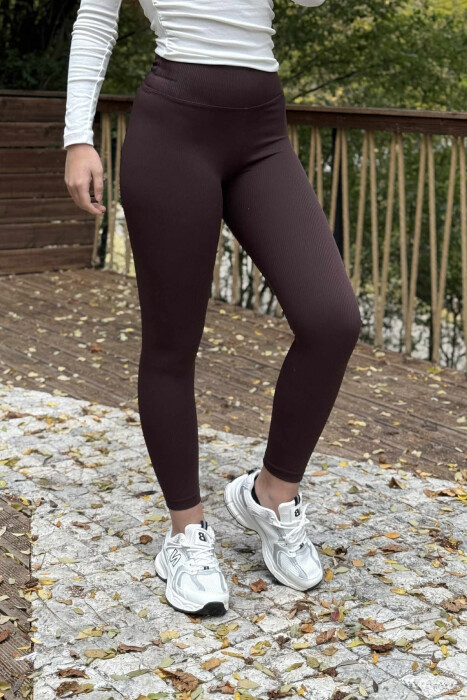 ONE COLOR ELASTIC WAIST WOMEN LEGGINGS BROWN/KAFE - 1