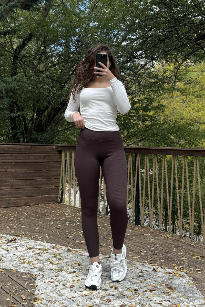 ONE COLOR ELASTIC WAIST WOMEN LEGGINGS BROWN/KAFE - 3