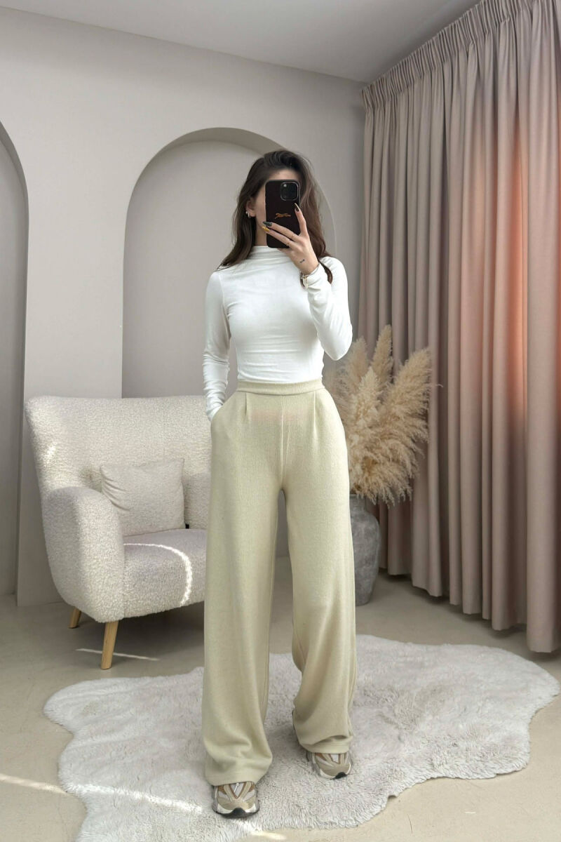ONE COLOR ELASTIC WIDE LEG WOMEN TROUSERS BEIGE/BEZHE - 2