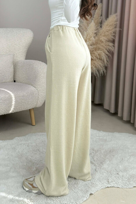ONE COLOR ELASTIC WIDE LEG WOMEN TROUSERS BEIGE/BEZHE - 3
