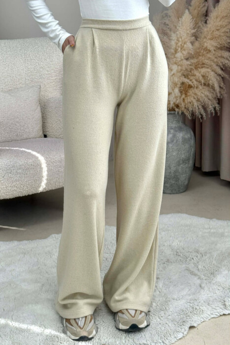 ONE COLOR ELASTIC WIDE LEG WOMEN TROUSERS BEIGE/BEZHE - 1