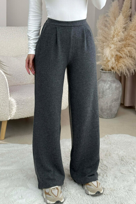 ONE COLOR ELASTIC WIDE LEG WOMEN TROUSERS DARK GREY/GEE 