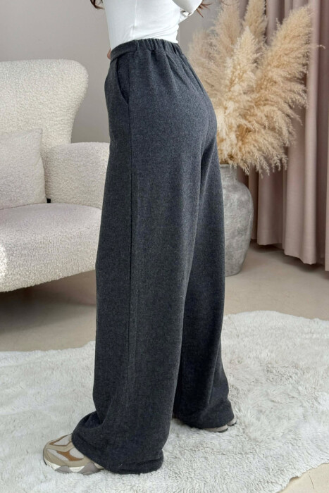 ONE COLOR ELASTIC WIDE LEG WOMEN TROUSERS DARK GREY/GEE - 3