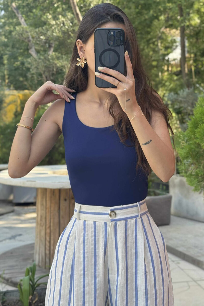 ONE COLOR ELASTIC WOMEN TANK TOP DARK BLUE/BEE - 3