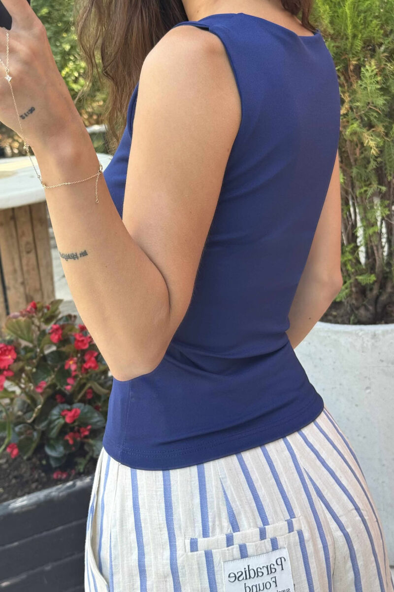 ONE COLOR ELASTIC WOMEN TANK TOP DARK BLUE/BEE - 4