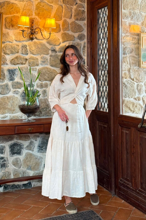 ONE COLOR EMBROIDERED V NECK WOMAN DRESS CREAM/KREM - KLAUDIO FASHION