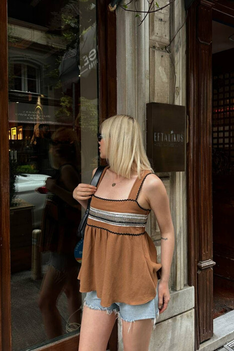 ONE COLOR EMBROIDERED WOMEN TANK TOP BROWN/KAFE - 5