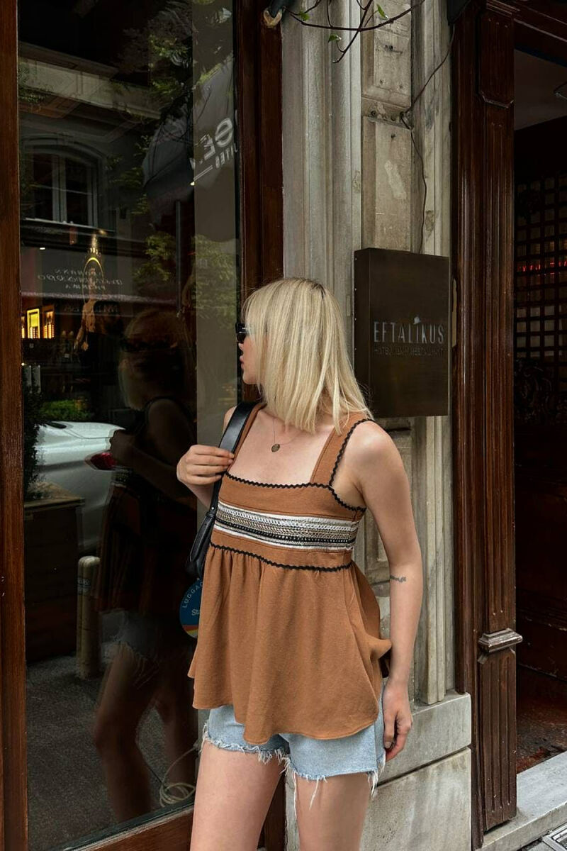 ONE COLOR EMBROIDERED WOMEN TANK TOP BROWN/KAFE - 5