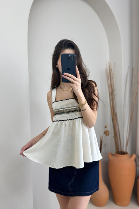 ONE COLOR EMBROIDERED WOMEN TANK TOP CREAM/KREM 