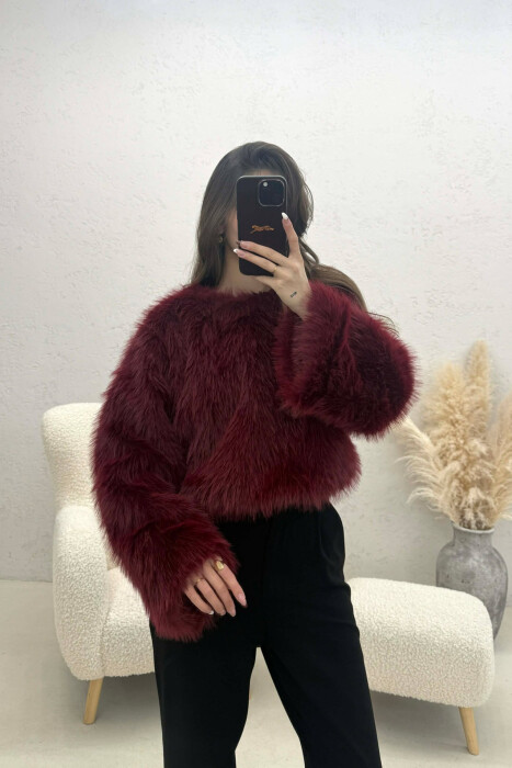 ONE COLOR FAUX FUR WOMAN SWEATSHIRT BURGUNDY/VISHNJE 