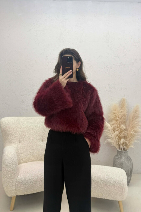 ONE COLOR FAUX FUR WOMAN SWEATSHIRT BURGUNDY/VISHNJE - 3
