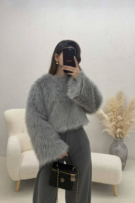 ONE COLOR FAUX FUR WOMAN SWEATSHIRT GREY/GRI - 1