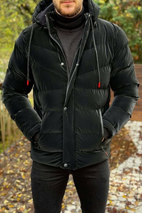 ONE COLOR FLUFFY HOODED MEN PUFFER JACKET BLACK/ E ZEZE 