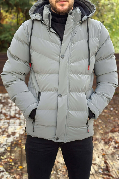ONE COLOR FLUFFY HOODED MEN PUFFER JACKET GREY/GRI 