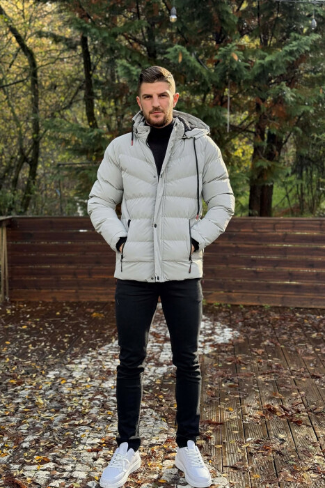 ONE COLOR FLUFFY HOODED MEN PUFFER JACKET LIGHT GREY/GZ - 2