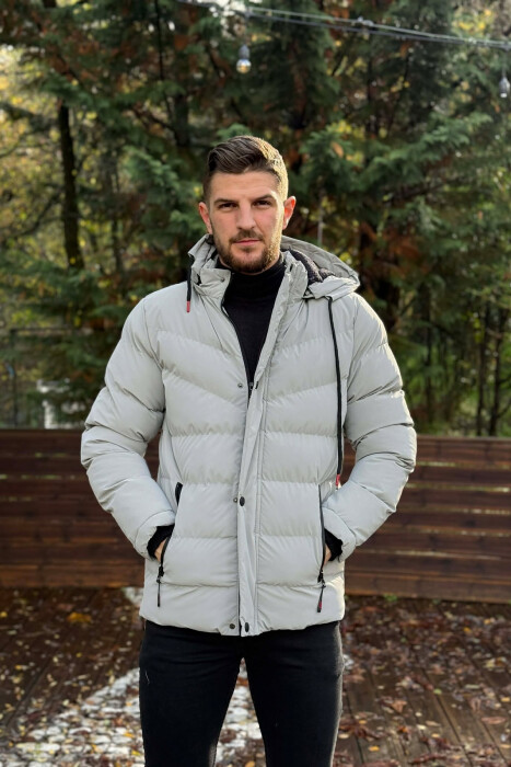 ONE COLOR FLUFFY HOODED MEN PUFFER JACKET LIGHT GREY/GZ - 3