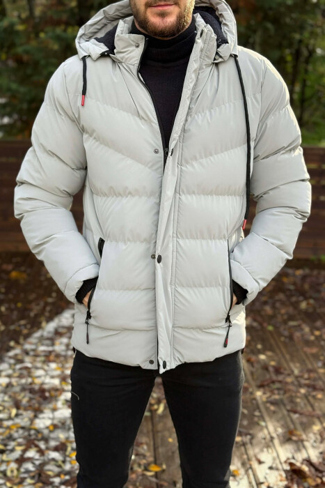 ONE COLOR FLUFFY HOODED MEN PUFFER JACKET LIGHT GREY/GZ - 1