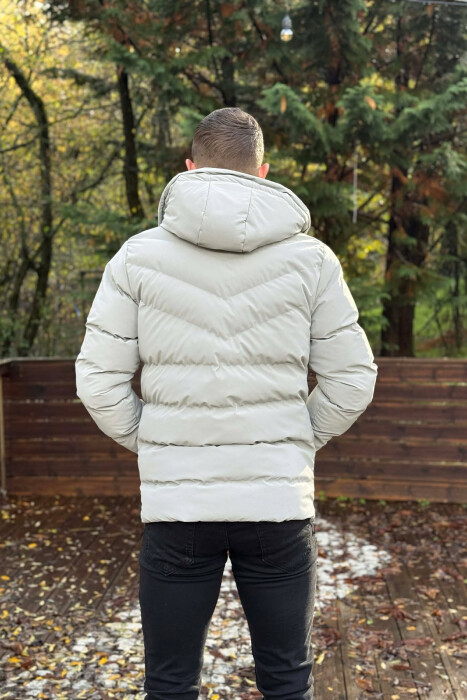 ONE COLOR FLUFFY HOODED MEN PUFFER JACKET LIGHT GREY/GZ - 4