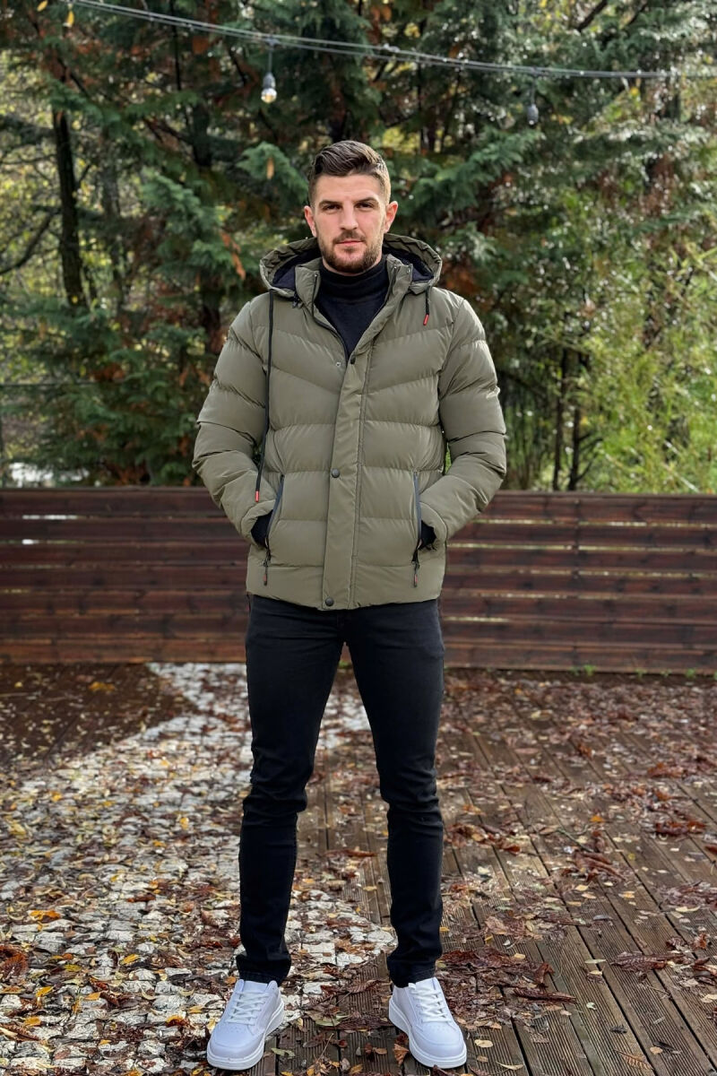 ONE COLOR FLUFFY HOODED MEN PUFFER JACKET OLIVE/ULLI - 2