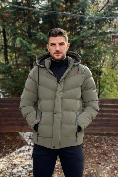 ONE COLOR FLUFFY HOODED MEN PUFFER JACKET OLIVE/ULLI - 3