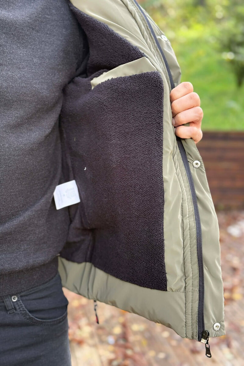 ONE COLOR FLUFFY HOODED MEN PUFFER JACKET OLIVE/ULLI - 4