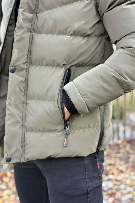 ONE COLOR FLUFFY HOODED MEN PUFFER JACKET OLIVE/ULLI - 5