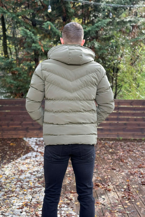 ONE COLOR FLUFFY HOODED MEN PUFFER JACKET OLIVE/ULLI - 6