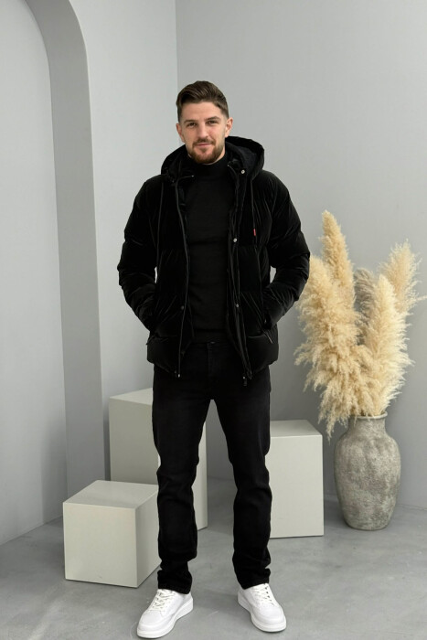 ONE COLOR FLUFFY HOODED MEN PUFFER JACKET BLACK/ E ZEZE - 2