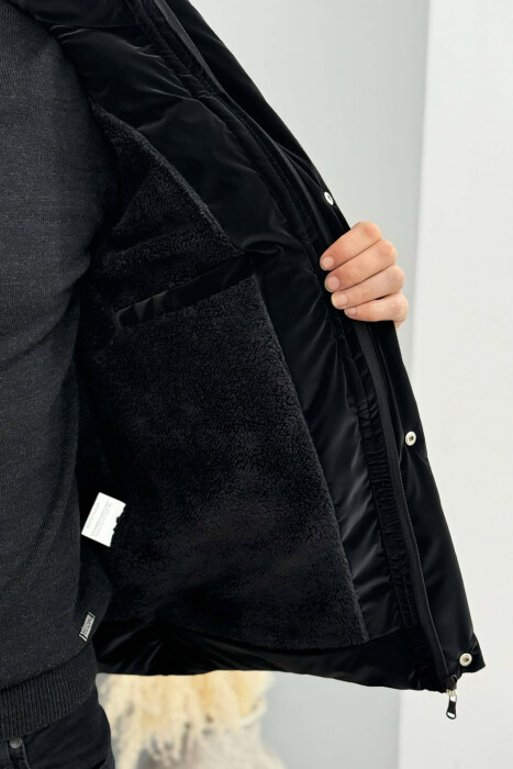 ONE COLOR FLUFFY HOODED MEN PUFFER JACKET BLACK/ E ZEZE - 4