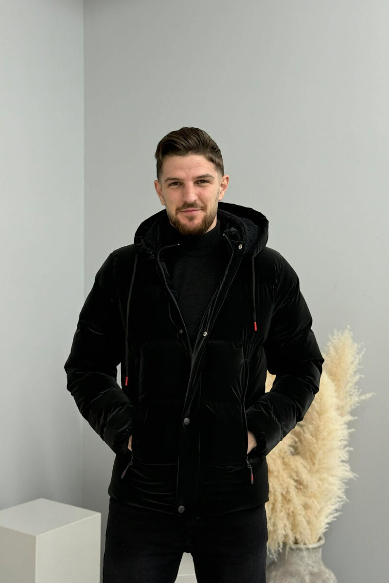 ONE COLOR FLUFFY HOODED MEN PUFFER JACKET BLACK/ E ZEZE - 6