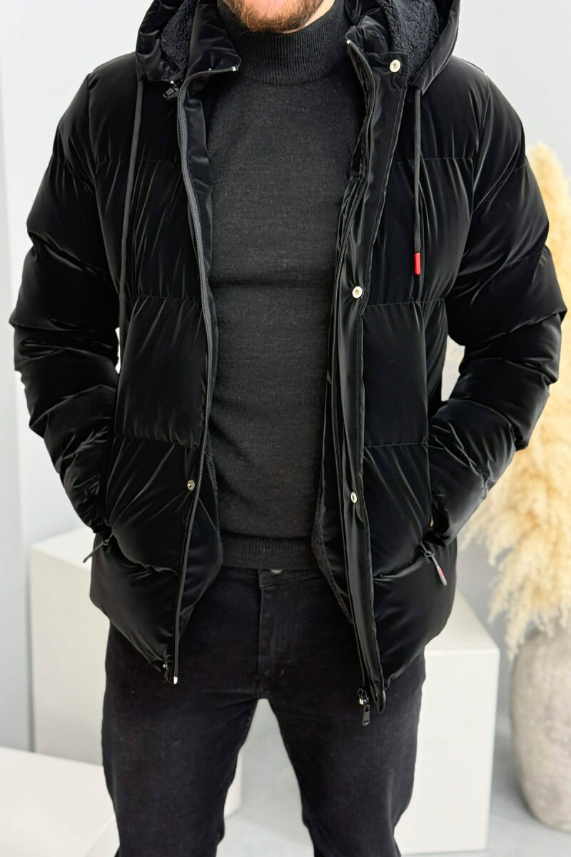 ONE COLOR FLUFFY HOODED MEN PUFFER JACKET BLACK/ E ZEZE - 1