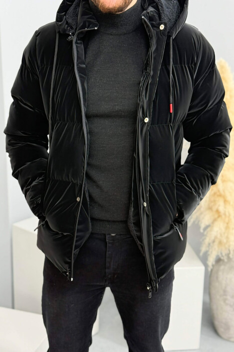 ONE COLOR FLUFFY HOODED MEN PUFFER JACKET BLACK/ E ZEZE 