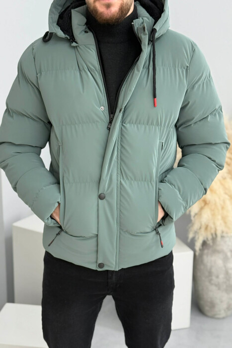 ONE COLOR FLUFFY HOODED MEN PUFFER JACKET BLUE STONE/GK 