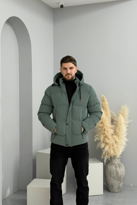 ONE COLOR FLUFFY HOODED MEN PUFFER JACKET BLUE STONE/GK - 2