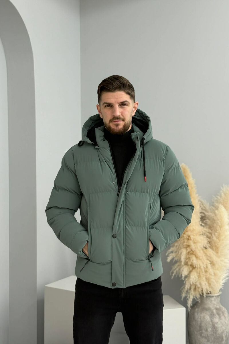 ONE COLOR FLUFFY HOODED MEN PUFFER JACKET BLUE STONE/GK - 3