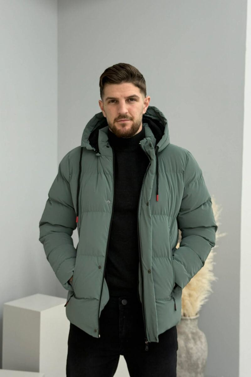 ONE COLOR FLUFFY HOODED MEN PUFFER JACKET BLUE STONE/GK - 6