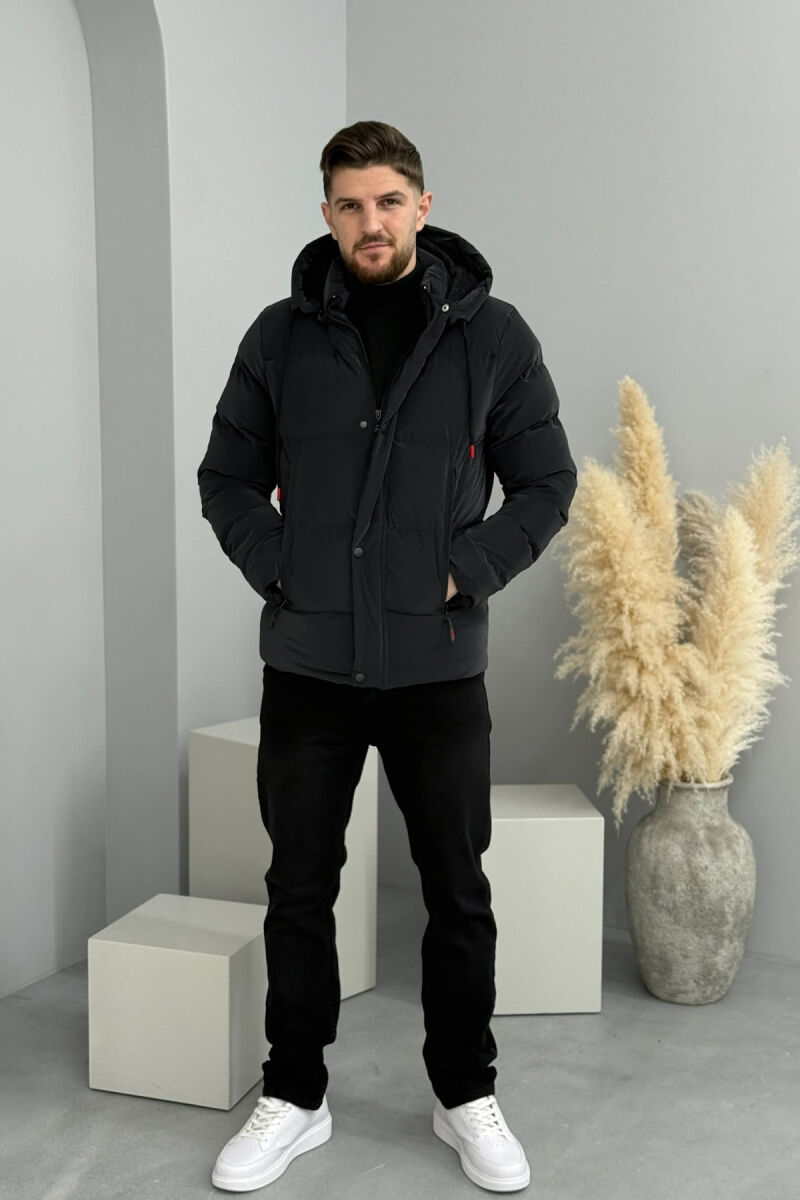 ONE COLOR FLUFFY HOODED MEN PUFFER JACKET DARK GREY/GEE - 2