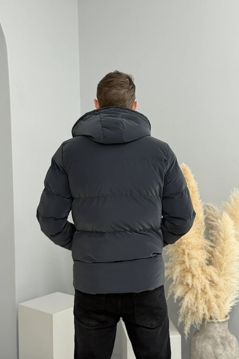 ONE COLOR FLUFFY HOODED MEN PUFFER JACKET DARK GREY/GEE - 4